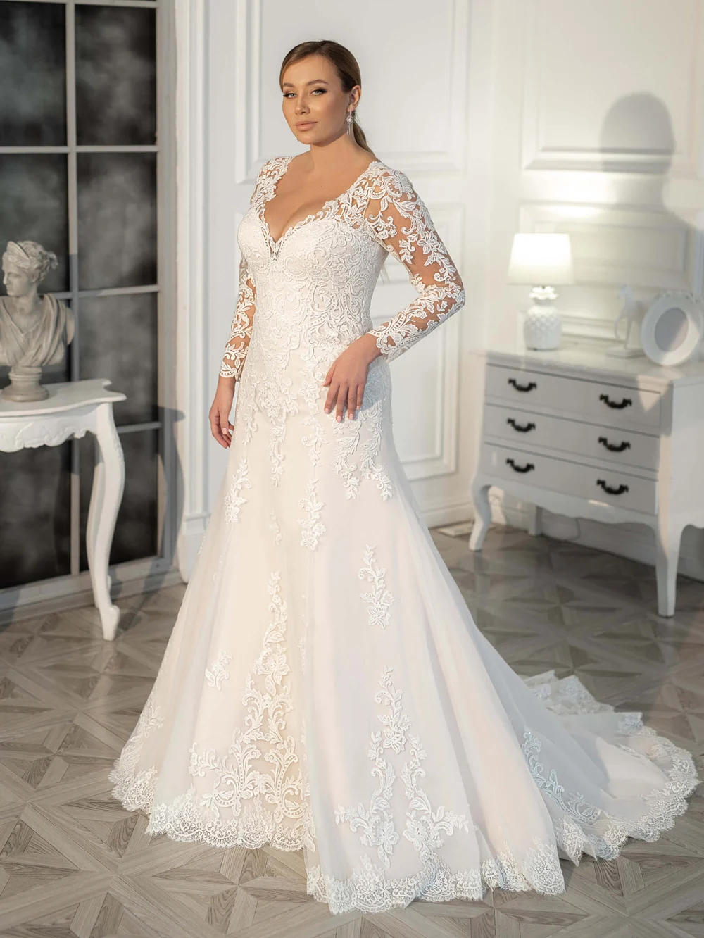 Plus Größe Hochzeit Kleid Elegante Trompete Spitze Appliques V-ausschnitt Mit Langen Ärmeln Modest Vestido De Novia свадебное платье 2021 Benutzerdefinierte