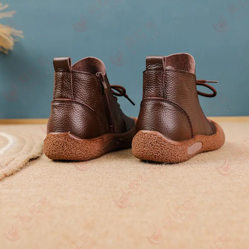 New cow leather ankle boots women laced up waterproof shoes ladies wide fit short boot woman autumn oxfords shoes brown booties