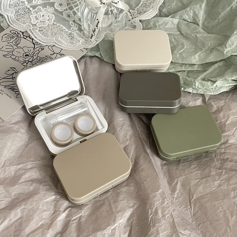 Minimalist Solid Color Contact Lens Case with Mirror INS Aesthetic Portable Lens Storage Box Simple Travel Companion Care Kit