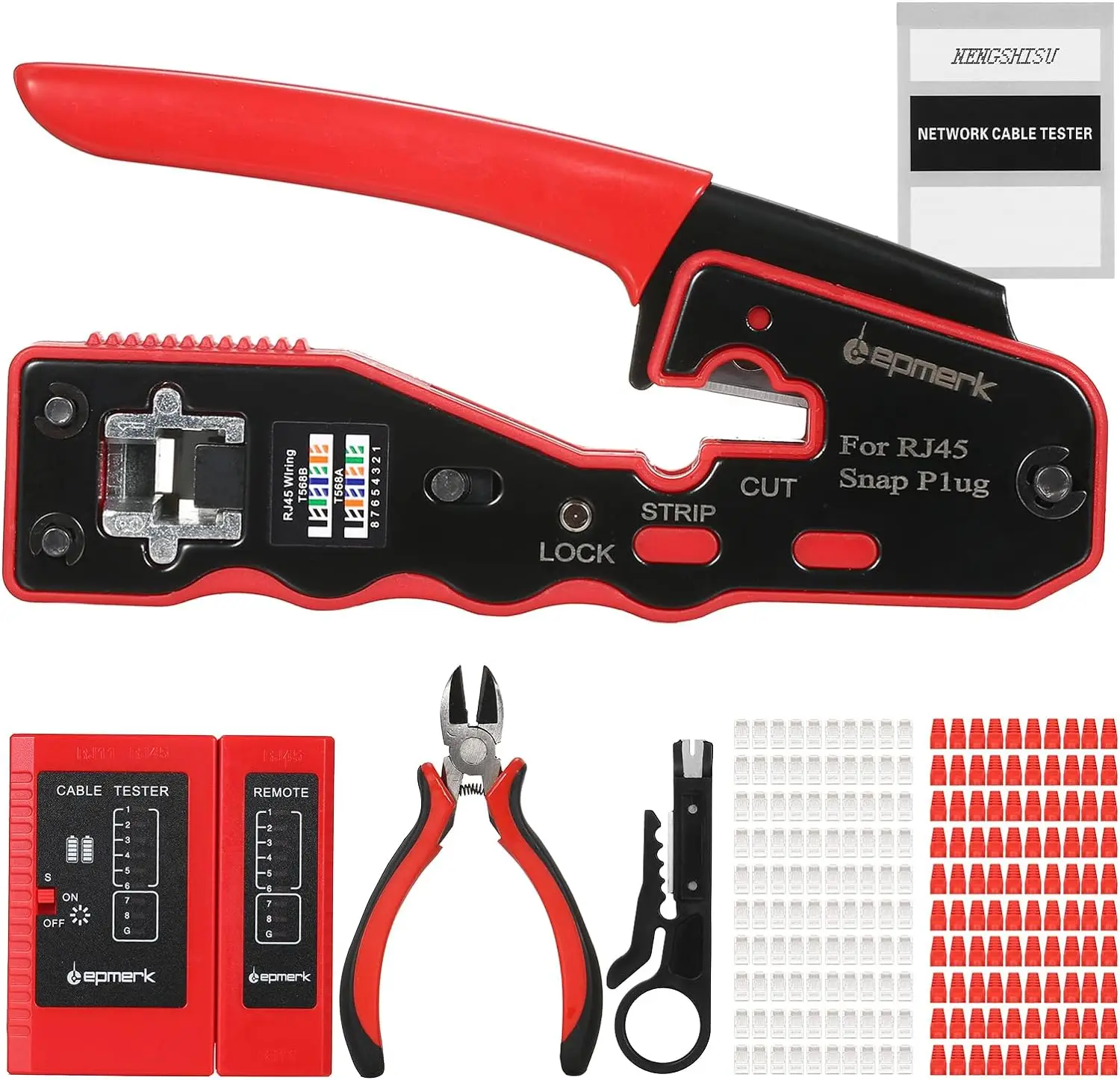 RJ45 Pass Through Crimp Tool Kit, All-in-one Crimper Cutter Tool Kit for 8P8C Cat6a Cat6 Cat5e Cat5