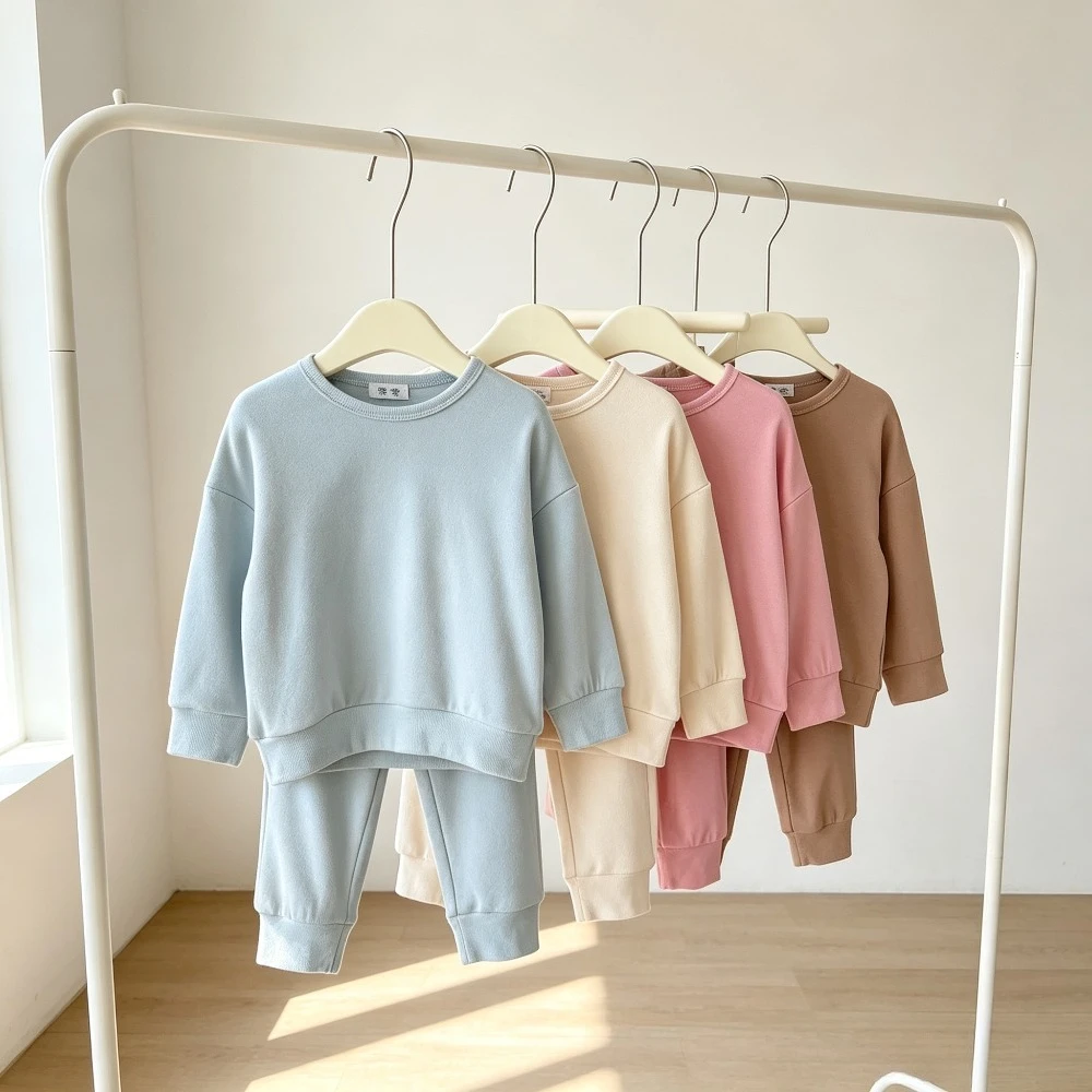 Kids Thermal 2-Piece Outfit Crew Neck Long Sleeve Top Pants Soft Brushed Loungewear Boys Girls Autumn Winter Casual Tracksuit 6