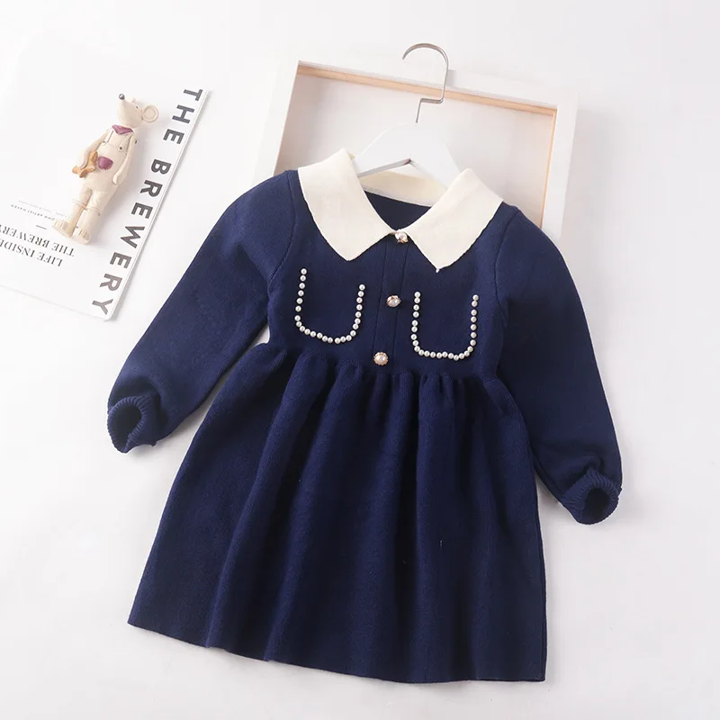 2023 Autumn Winter Girls Sweater Dress Kids Baby Sweater Children Pullover Knitted Dressrs Bead Jumper Turn-down Collar 3-8y