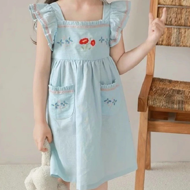 

Girls Dress 2026 Spring and Summer New Childrens Clothing Korean Style Baby Embroidered Double Pocket Princess Dress Simple