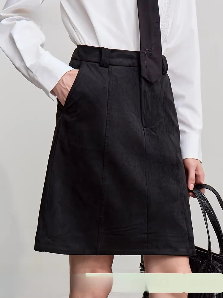 

Retro Beau Dryad Suede Skirt High Waist Slimming Commuter Sle Polyester Fiber A-Line Skirt Zipper Closure