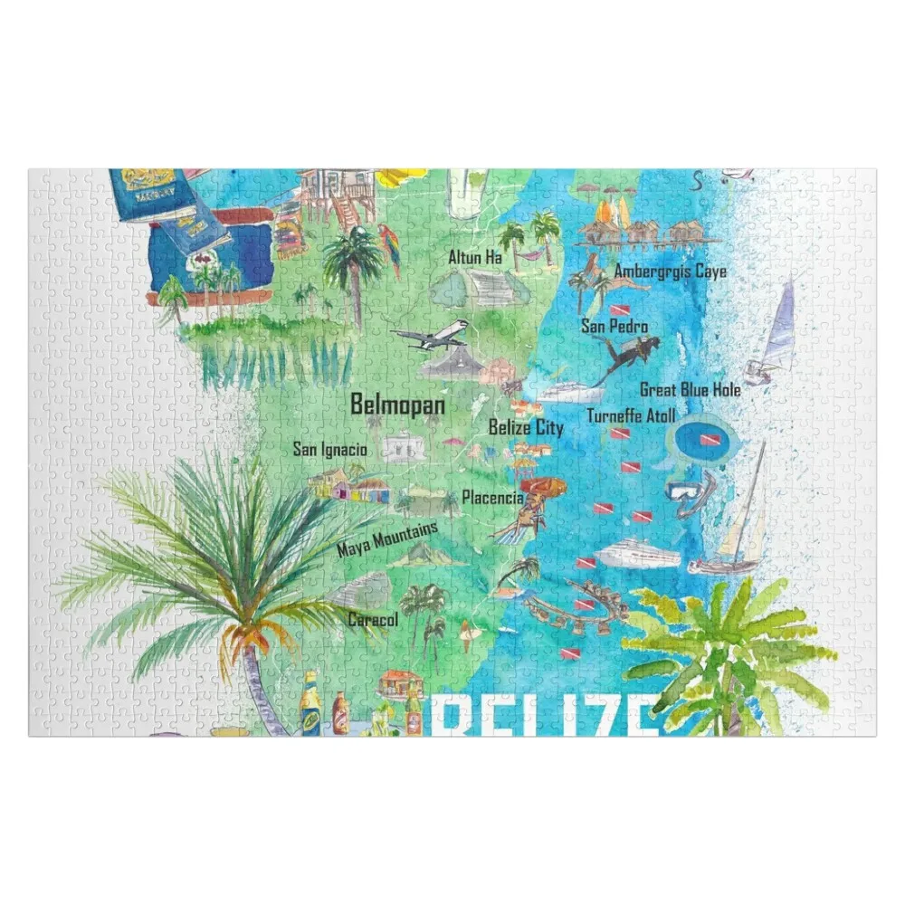

Belize Caribbean Illustrated Travel Map with Roads and Tourist Highlights Jigsaw Puzzle Wooden Animal Personalize Puzzle