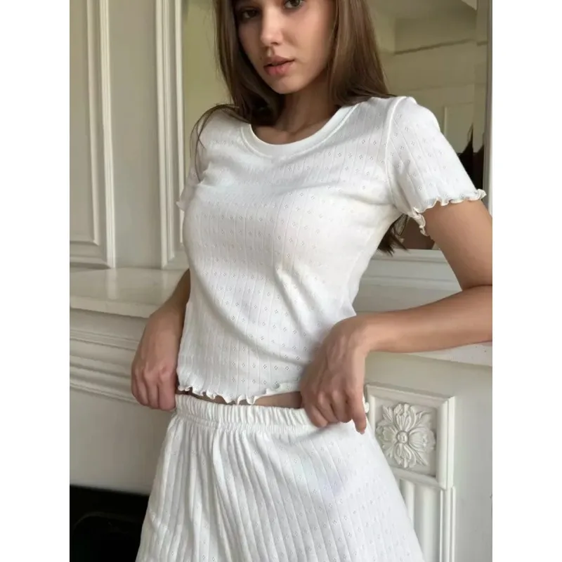 

White Sweet Eyelet Short Sleeve T-shirt Shorts Set Women Casual Home Pajama 2 Piece Sets Slim Tees+Elastic Straight Sweatshort