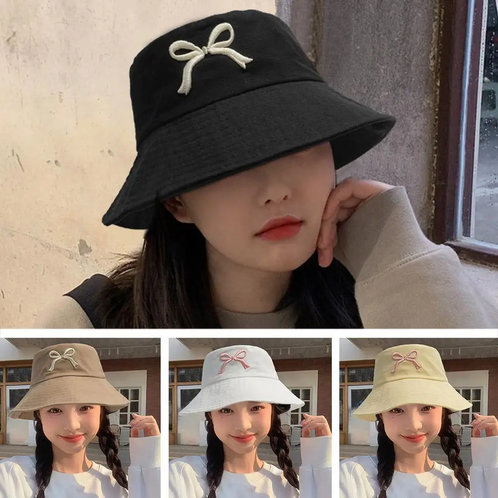 Summer New Women Bucket Hat Solid Color Bows Soft Cotton Sun Hats Beach Wide Brim Outdoor Fishermen Panama Caps Hats F9O1