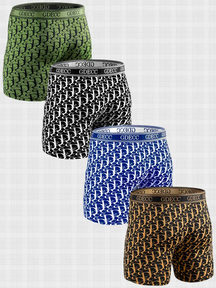 4PCS summer ice silk thin style, smooth, skin-friendly, comfy letter design, men\'s long boxer briefs with gift box