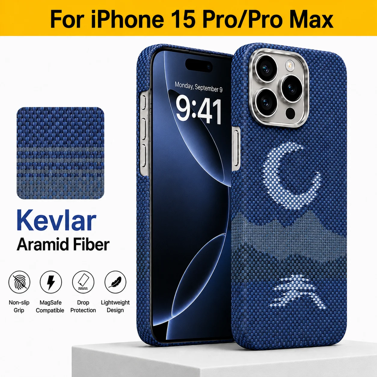 

Ultra-thin magnetic phone case made of aramid carbon fiber for iPhone 15 Pro/Pro Max features MagSafe magnetic attachment.