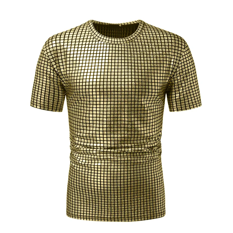 Men Shiny Metallic Grid Short Sleeve T-Shirts, Stand Collar V Notch & Crew Neck Polo Shirt,Nightclub Disco Stage Party Mens Tees