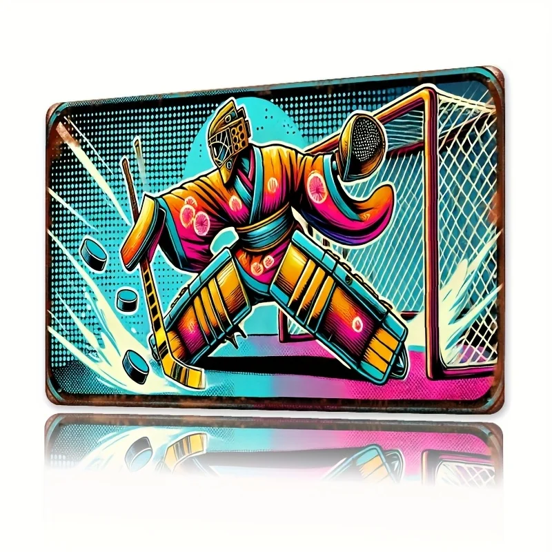 Ice Hockey Metal Wall Art Sign - Vibrant Retro Sports Decor with Dynamic Player Design, Durable Iron Signage for Man Cave, Gam
