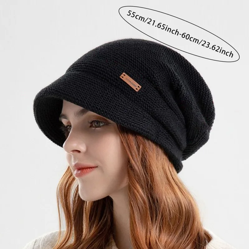 Winter Knitted Women Hat Beanie Thick Warm Baggy Cap With Visors Casual Lady Wide Brim Baseball Cap Ear Protection Hat