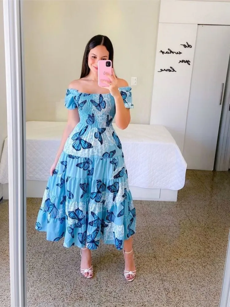 Vestido largo con estampado Floral a la moda para primavera y verano, vestido Sexy con hombros descubiertos para fiestas de mujer, vestido elegante de longitud media