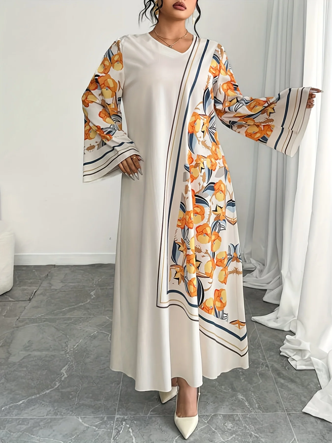 الربيع والخريف نمط جديد الشرق الأوسط رداء أنيق حجم كبير موضة كتلة اللون المرأة العرقية طباعة أنيقة التنقل فضفاضة مريحة عطلة نمط كم طويل فستان بفتحة عنق على شكل v #5