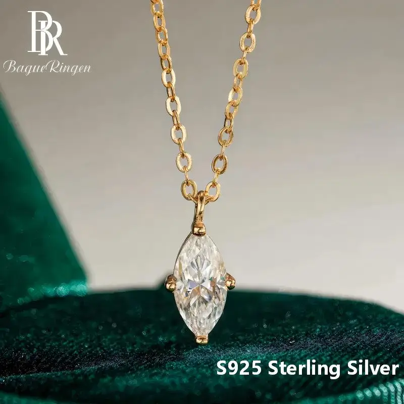 Solitaire Marquise Moissanite Pendant Necklace, 14K Gold Plated 925 Sterling Silver, Dainty Light Luxury Jewelry Gift for Women