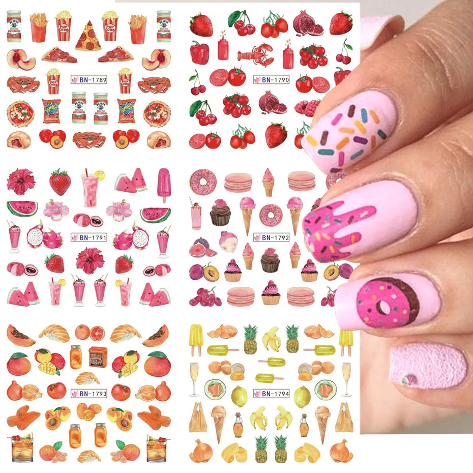 12x Yummy Fruit Food Water Decal Nail Stickers Ice Cream Blueberry Transfer Sliders For Nails Summer Manicure Tips BEBN1789-1800