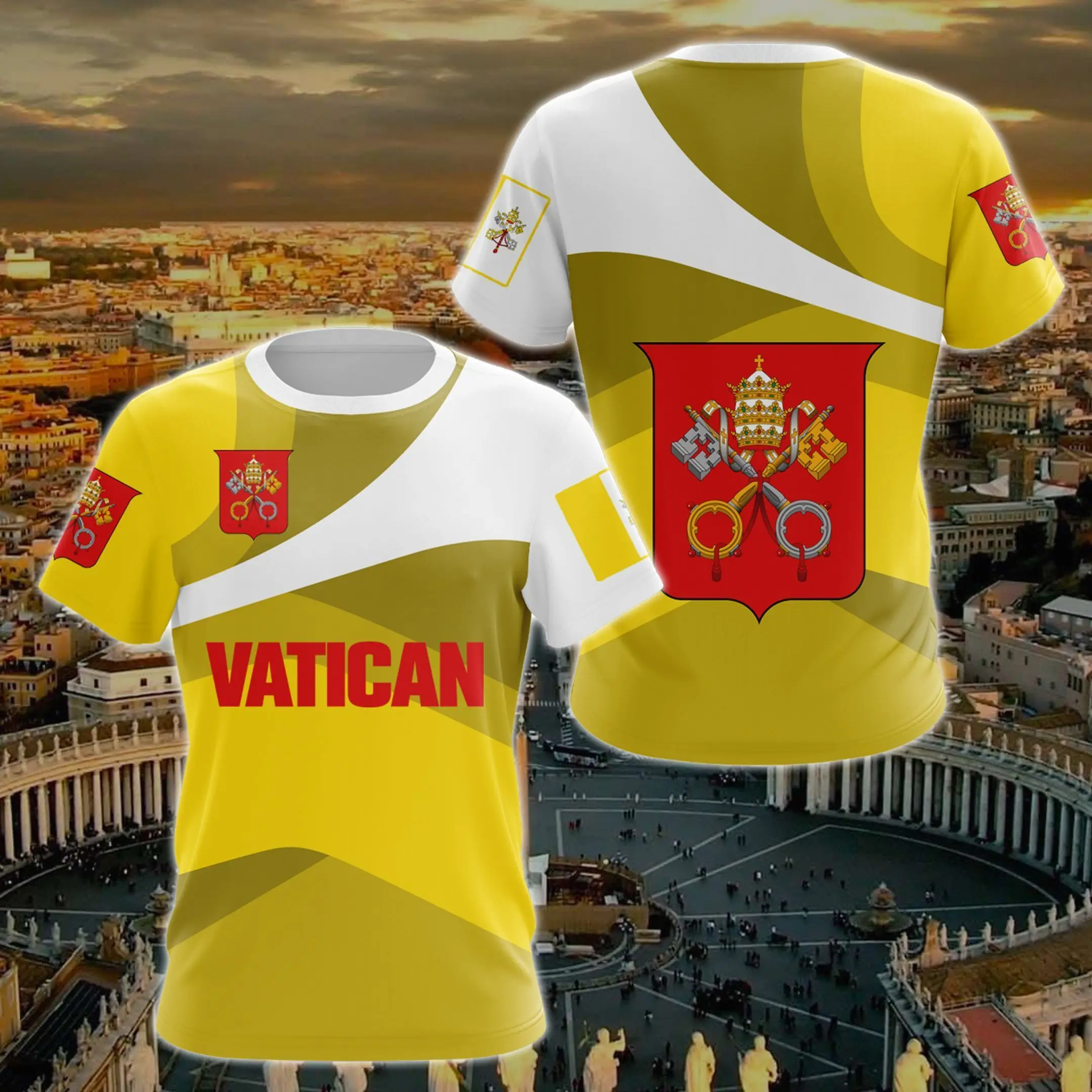 Vatican Flag & Coat of Arms Graphic Tee Summer Casual Pullover Men\'s Fashion Loose T-shirts Boy Oversized Short Sleeves Tops