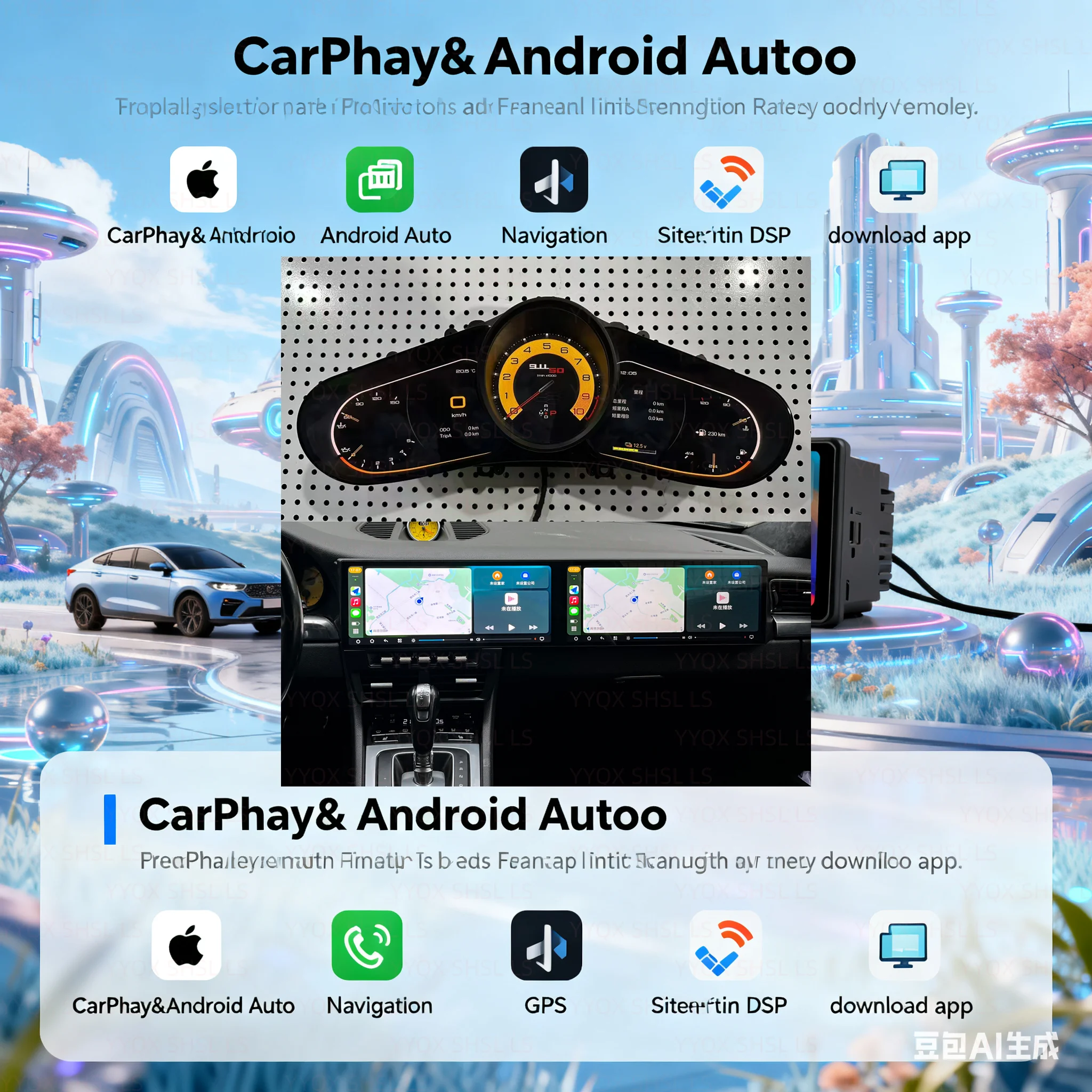 

Android 15 Car Radio Carplay, For Porsche 911 2013-2024 Dual Touch Screen Media Video Player Stereo GPS Navigation Head Unit