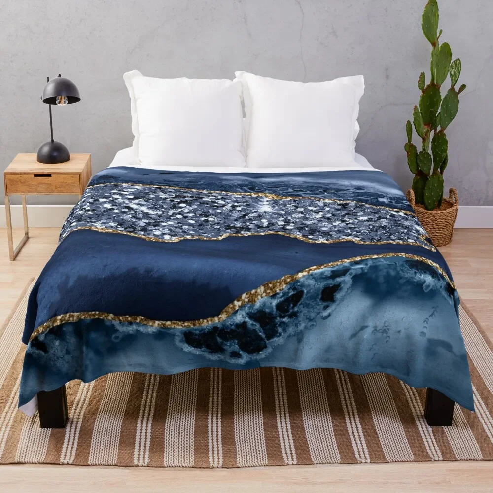 Abstract Blue and Gold Glitter Modern Geode Agate Throw Blanket Vintage Thin manga Blankets