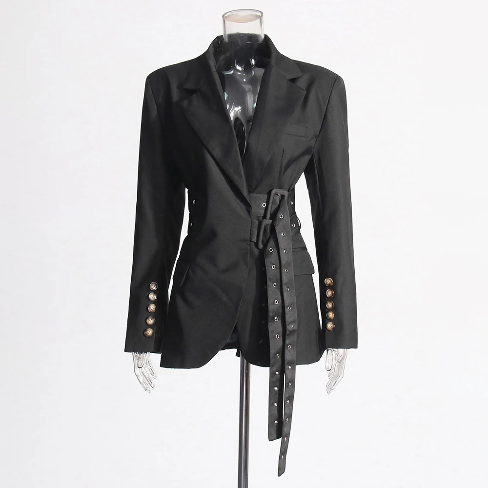 VGH High Street Splicedเข็มขัดSlimming Blazersสําหรับผู้หญิงNotchedคอยาวแขนยาวTunic Blazerหญิงแฟชั่นใหม่