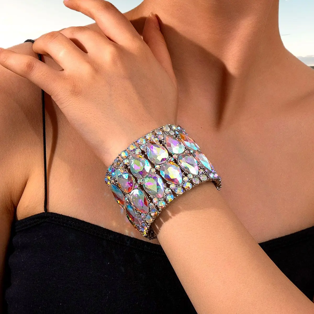 Fashion Womens Double Row Rhinestone Elastic Bracelet Wide Bangles