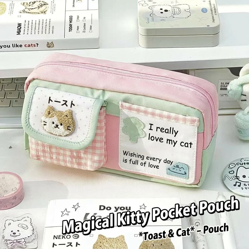 1 Stück niedliches Federmäppchen mit mehreren Taschen, große Stifttasche mit Katzen-Aufnähern für den täglichen Gebrauch, Organisation von Schulmaterialien