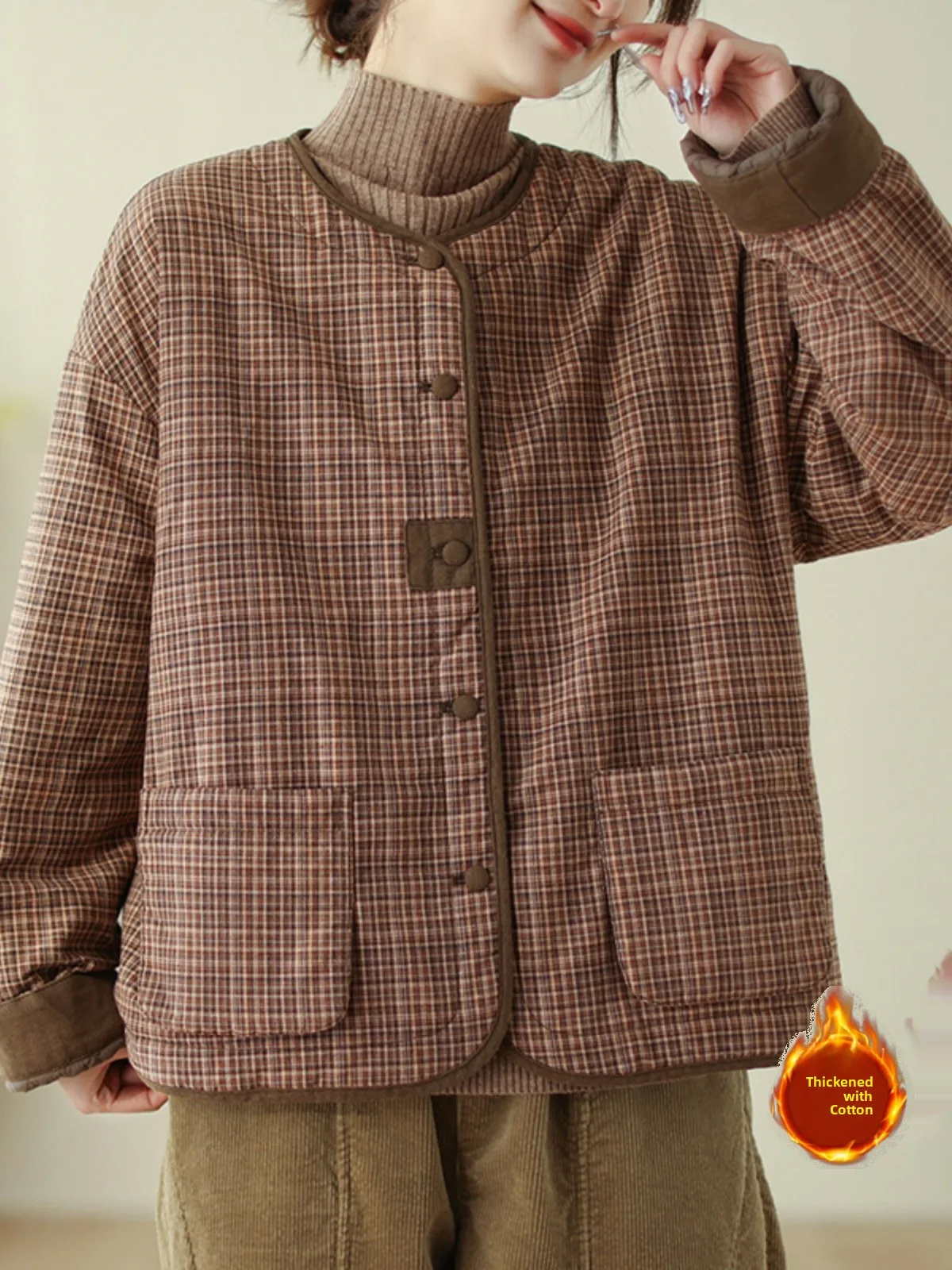 Retro a cuadros Thiened algodón Jaet mujer invierno suelto ajustado redondo Ne algodón abrigo botón detalle largo Sve Commute Sle