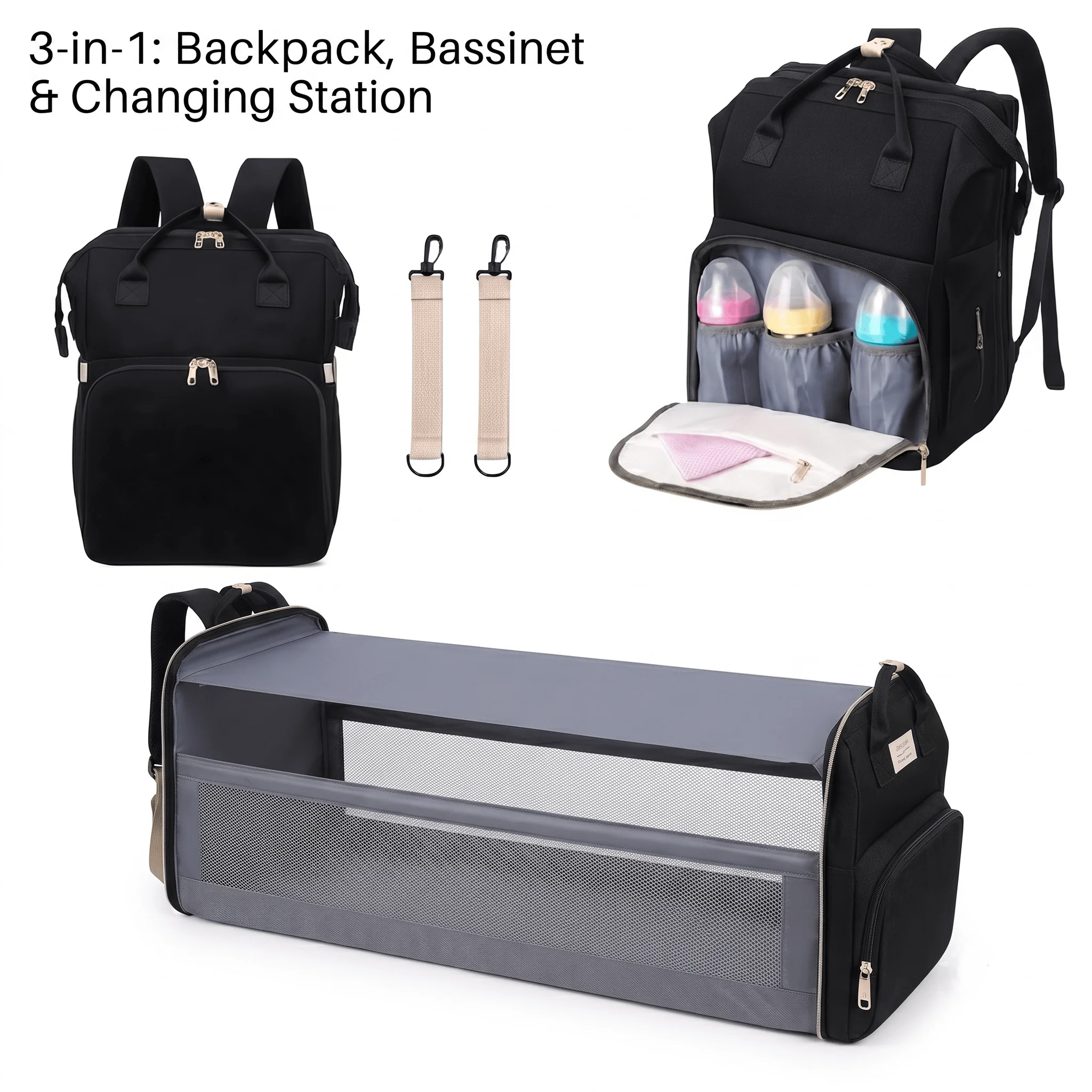 Diaper Bag Backpack with Portable Bassinet, Large Capacity Multi-Function Travel Baby Bag with Changing Station, USB Port and Stroller Straps