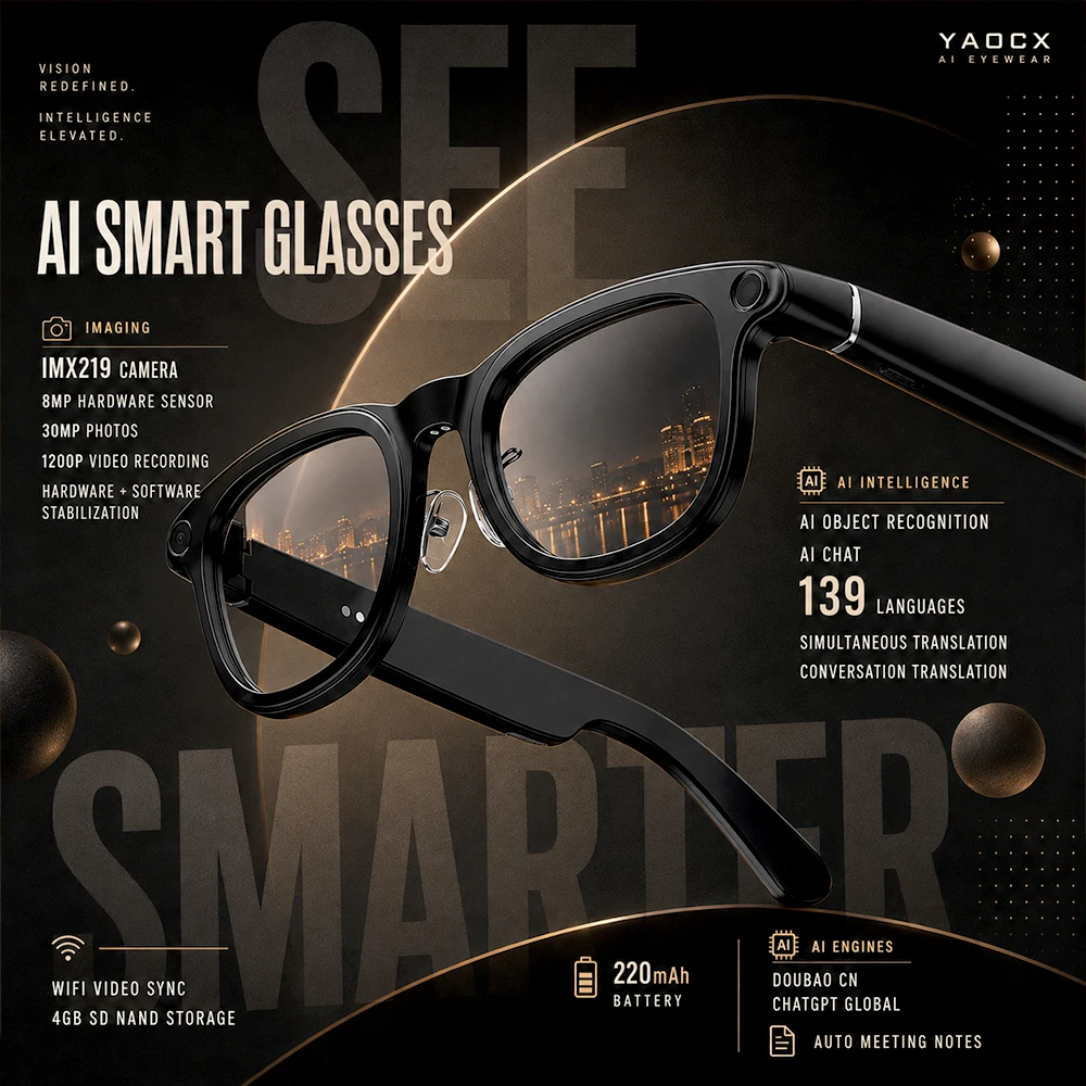New AI Smart Glasses 8MP Camera 30MP Photos 1200P Video WiFi Sync 4GB Storage 139 Languages Translation AI Chat Meeting Notes