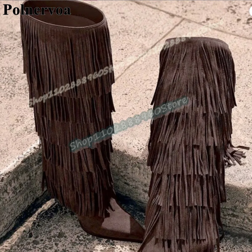 

Knee High Coffee Flock Tassels Boots High Heel Shoes For Women Slip On Pointed Toe Fashionable Party Catwalk Zapatos Para Mujer