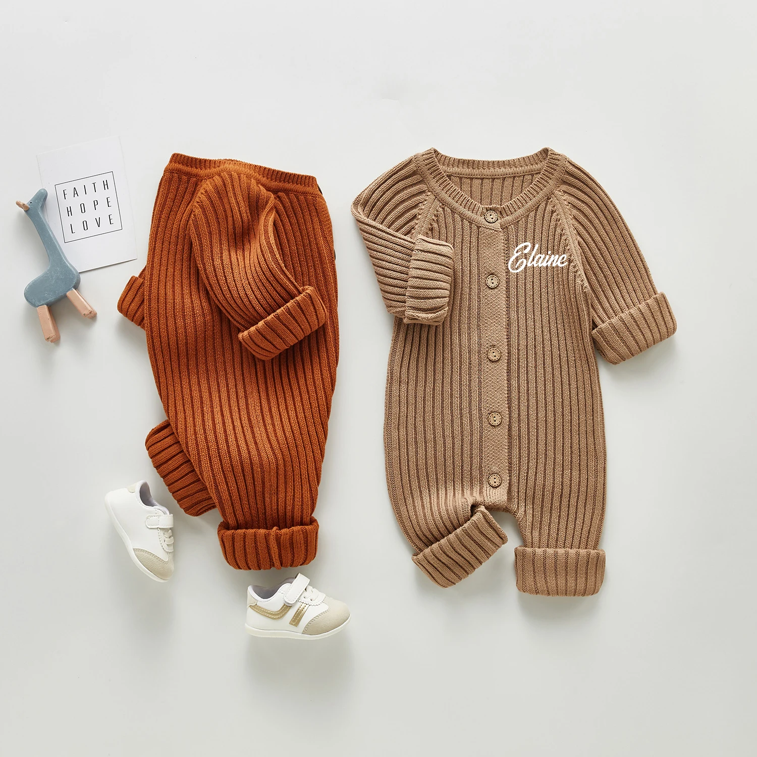 Personalized Infant Baby Girl Boy Fall Winter Thick Knit One Piece Outfit Romper Jumpsuit Sweater Outwear