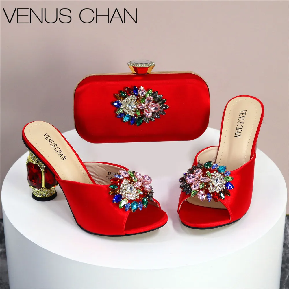 Nigeria Popular New Elegant Red Color Chunk Heels Sandals for Simple And Versatile Exquisite Party Shoes And Bag Set