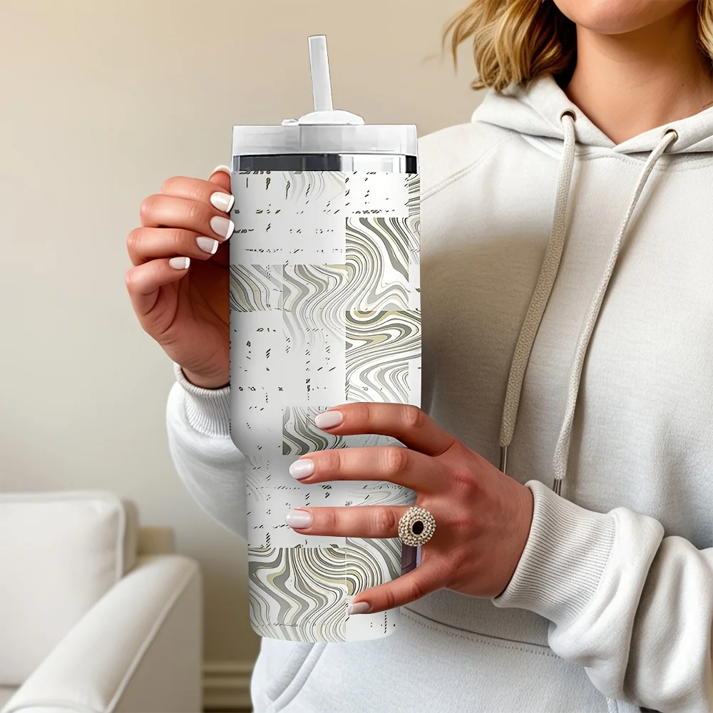 Modern Abstract Distressed Block Wavy Pattern Printed Insulated Travel Tumbler with Convenient Handle And Reusable Drinking Straw view 4