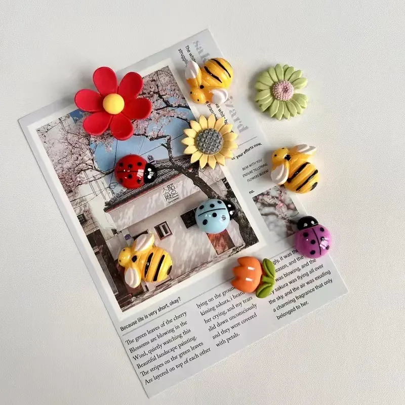 10pcs Refrigerator Magnet Creative Flower Insect Refrigerator Sticker Set Cartoon Resin DIY Handmade Home Kitchen Decoration New