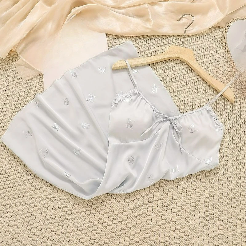 Ice Silk Chest Pad Butterfly Suspender Silver Butterfly Nightdress Summer Pajamas Sexy Loungewear New Nightdress with Chest Pad