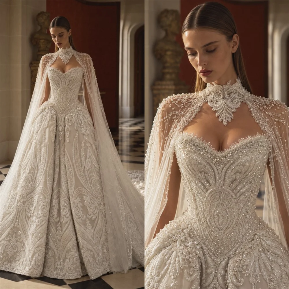 Gprgeous Fprmal Wedding Gowns Sweetheart Heave Beaded Sequins Pearls Castle Bride Dresses Custom Detachable Shawl Bridal Dress