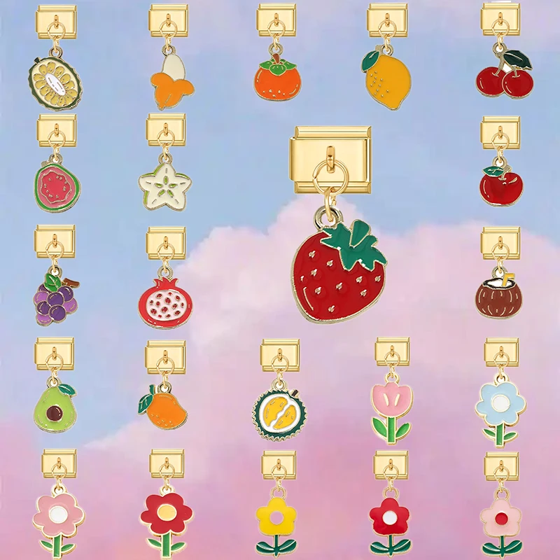 Gold Color Fruits Cherry Watermelon Mango Pineapple Pendant Italian Charm Links Fit 9mm Bracelet Women DIY Making Jewelry