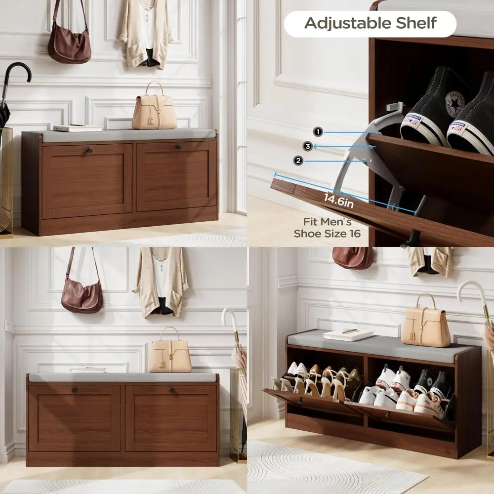 مقعد تخزين خشبي معاصر مع مقعد مبطن وأدراج قابلة للطي لتخزين الأحذية في المدخل