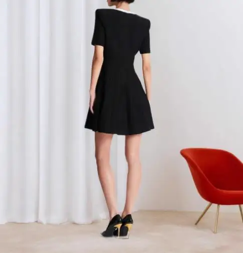 

Womens Dresses 2025 Spring New Fashion Square Neck Short Sleeved Color Blocked Metal Button Design A-Line Elegant Mini Dress