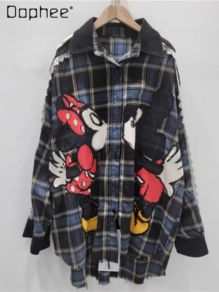 

2025 Autumn New Fashion Cartoon Versatile Casual Loose Oversized Long Sleeve Shirt Women's Top Trendy Plaid Shirts for Women
