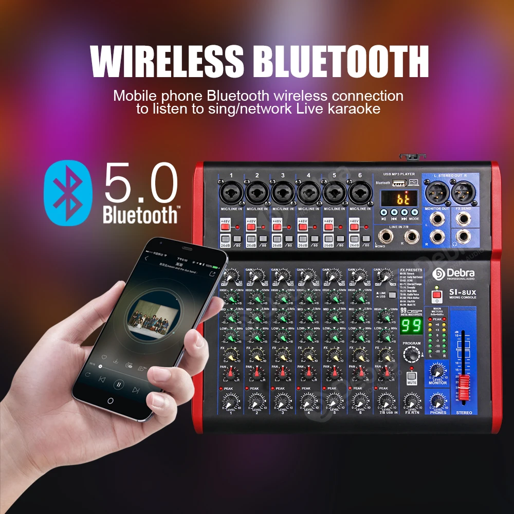 Mixer professionale per console DJ a 8 canali Interfaccia audio 99DSP con connettività Bluetooth per la registrazione musicale Console blu