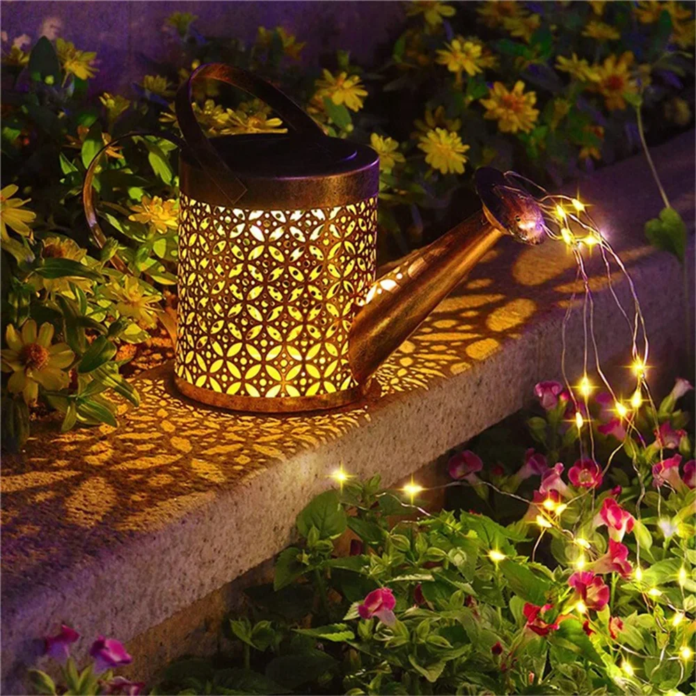 

LED Solar Lamp Wrought Iron Hollow Watering Can Projector Light Iron Yard Art Garden Decoration Lawn Lamp for Yard Pathway Patio