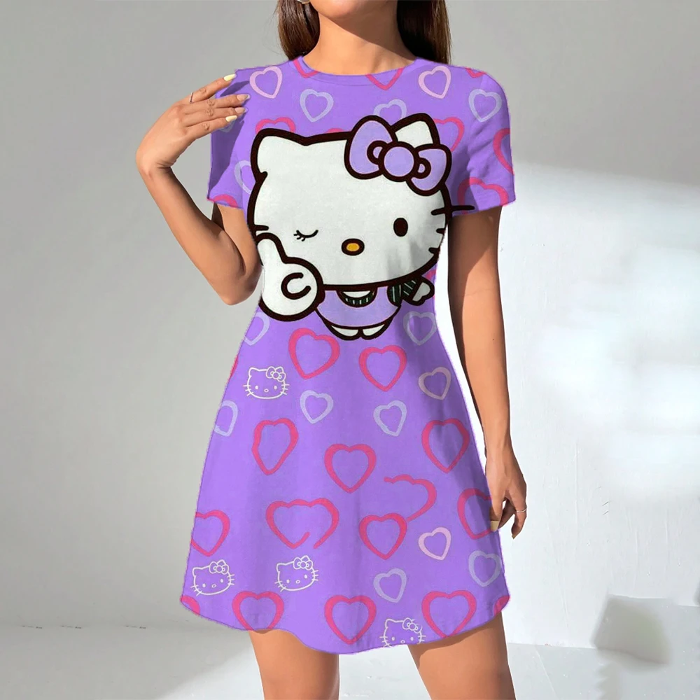 2025 ใหม่สไตล์เกาหลี PLUS-ขนาด Hello Kitty พิมพ์เสื้อยืดผู้หญิงฤดูร้อนหลวม Fit Belly ครอบคลุมชุดนักเรียน ﻿