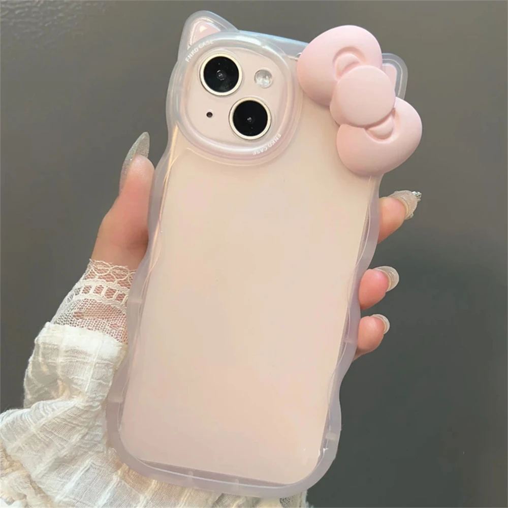 Korean Cute Pink Bow 3D Cat Ear Wavy Clear Case For iPhone 17 16 15 14 13 Pro Max Lovely Aesthetics Shockproof Soft Cover - náhled 2