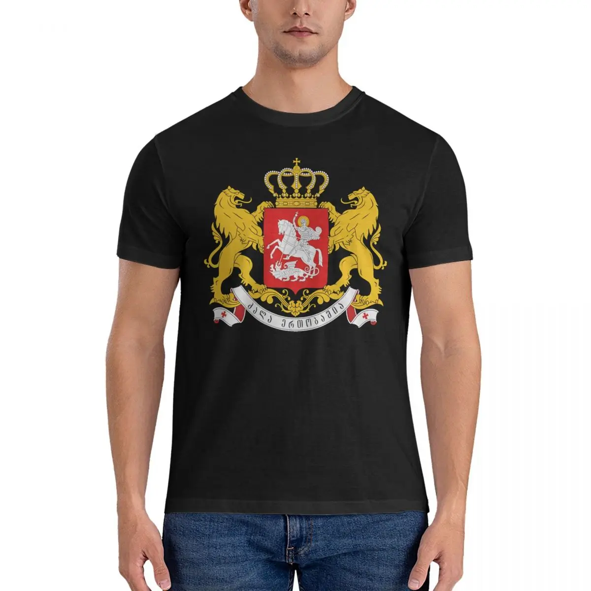 (Caucasus), Coat Of Arms Men T Shirts Georgia Football Team Humorous Tees Short Sleeve Crew Neck T-Shirt Pure Cotton Gift Idea