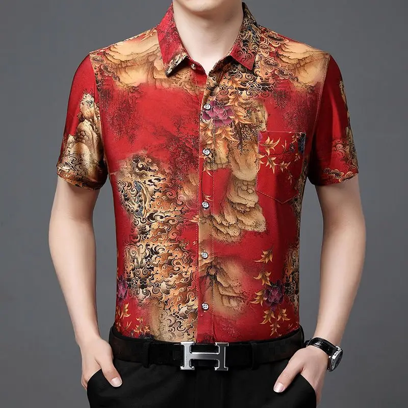 T Shirt for Men Spring Summer V-Neck Underlay Short Sleeve Printing Floral Pockets Button Casual Blouses Fashion Tops