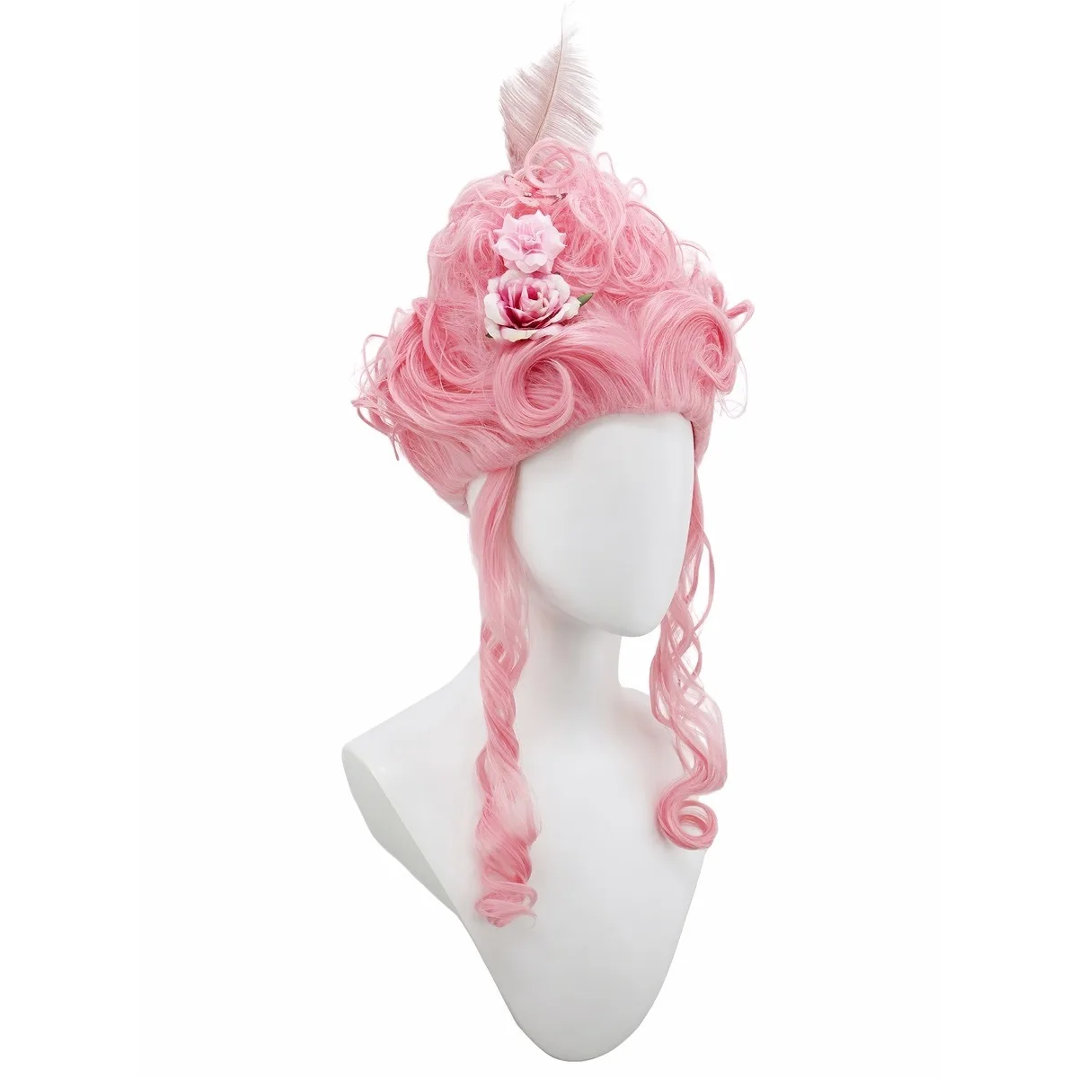 Anxin Brand Synthetic Fiber Wig: Retro Fluffy Curly Style (Available in Pink/White/Grey/Black), Decorated with Floral Elements and Feather Accents, with Twist Curls on the Side, Voluminous and Curly Hair; Made of High-Quality Synthetic Fiber Material, Comfortable to Wear and Easy to Manage; a Fashionable Item Suitable for Adult Women's Cosplay, Vintage Character Reenactment, Party Court-Style Dressing, and Themed Event Styling