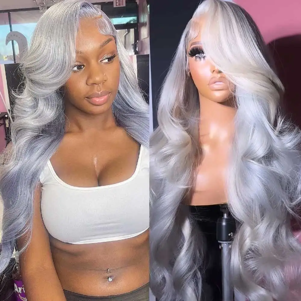 220% HD Silver Grey Body Wave Lace Frontal Human Hair Wig  Remy 13x4 Pre Plucked Colored Brazilian Lace Front Human Hair Wigs