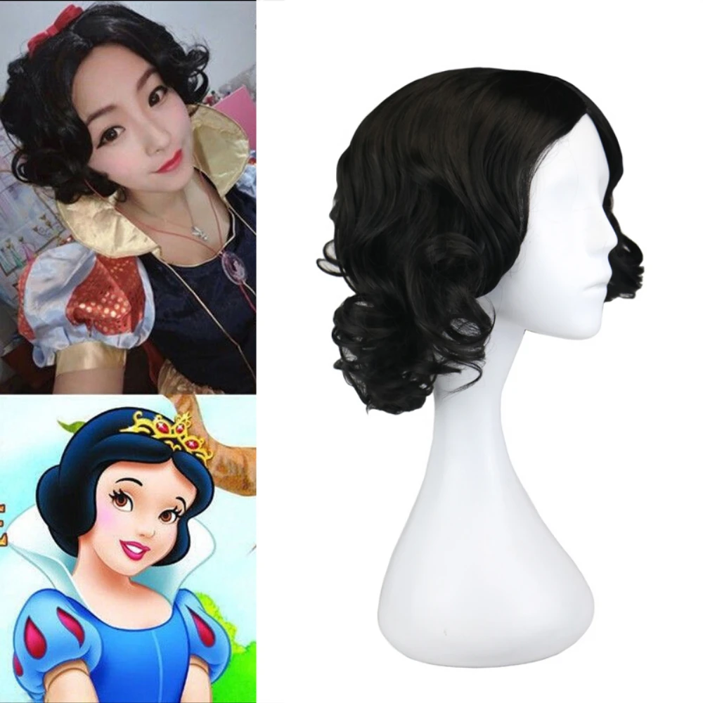 白雪姫コスプレウィッグ Grils 女性合成ショートカーリーブラックコスプレウィッグ女性の衣装ハロウィンパーティー