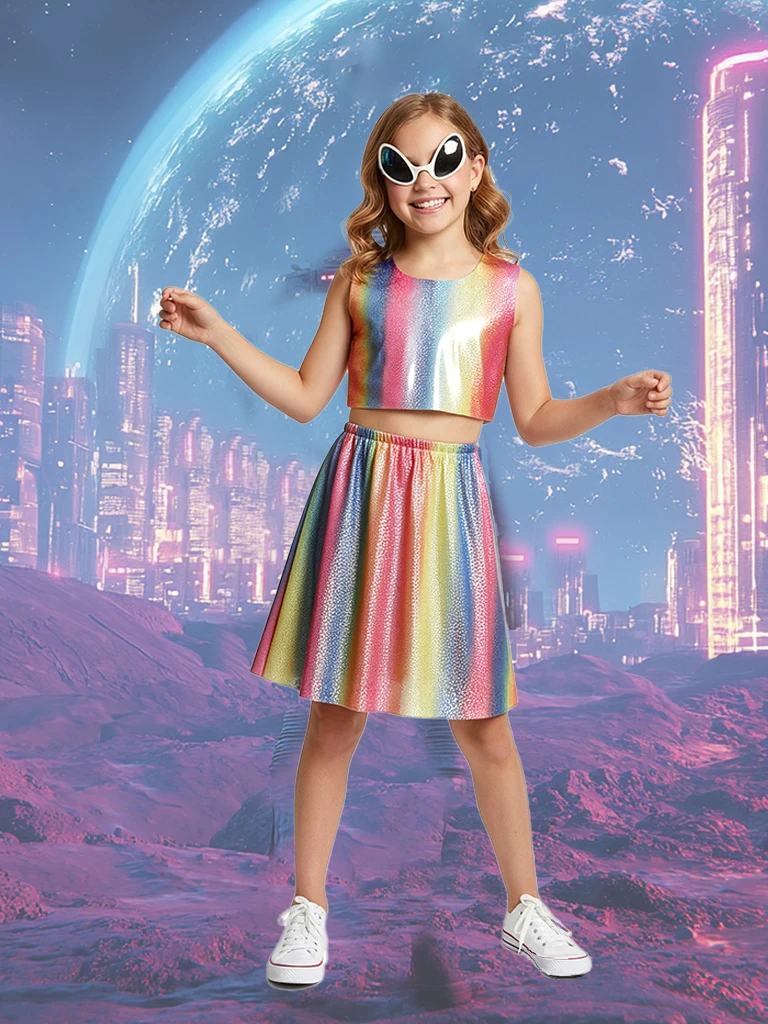 

A Girls' Outfit: a Vest + a Short Skirt + a Pair of Glasses + a Headband The Rainbow-Colored Coating Has a Metallic Luster on the Surface, Which Reveals a Flowing Color Change When Exposed to Light, Creating a Very Shiny Visual Effect, Making It Suitable 